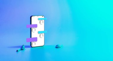 Çevrimiçi sohbet mesajlaşması. Akıllı telefon ekranında mesaj bildirimi. E-posta mesajı, e-posta bildirimi. Neon arkaplanda sosyal ağ.