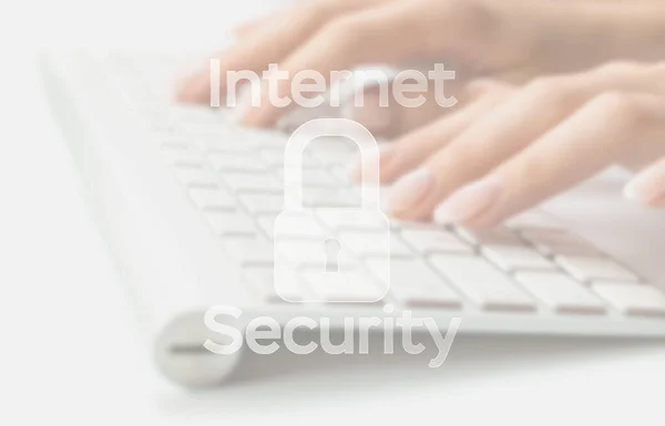 Data protecting security concept. Computer Internet protection symbol on blured keyboard background. Hacker attack and data breach, information leak concept. — Stockfoto