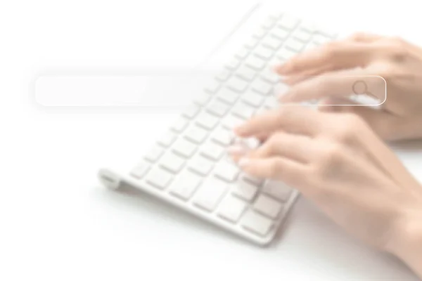 Searching internet. Online website search engine selective focus. Blured hands using computer for searching browsing internet data information networking concept. — Foto Stock