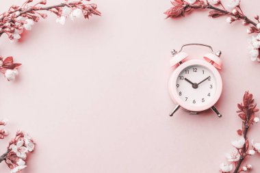 Bahar çiçeği. Çiçekler ve çiçekli pembe arka planda çalar saat. Yumuşak odaklı, çiçek açan kayısı makrosu dalları. Kopya alanı olan Paskalya tebrik kartları için. İlkbahar