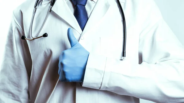 Medico Gesto Mani Sfondo Medico Infermiera Felice Guanti Blu Uniforme — Foto Stock