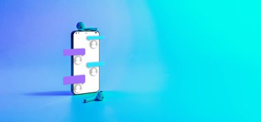 Çevrimiçi sohbet mesajlaşması. Akıllı telefon ekranında mesaj bildirimi. E-posta mesajı, e-posta bildirimi. Neon arkaplanda sosyal ağ