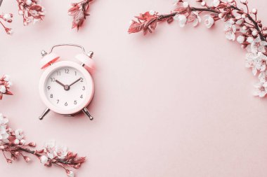 Bahar zamanı çiçekler açar ve pembe alarmlı çiçekler açar. Sancak olarak, arka planda çiçek açan kiraz dalları. Rüya gibi romantik bir görüntü, manzara manzarası, kopyalama alanı