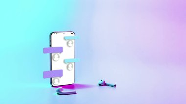 Çevrimiçi sohbet mesajlaşması. Akıllı telefon ekranında mesaj bildirimi. E-posta mesajı, e-posta bildirimi. Neon arkaplanda sosyal ağ