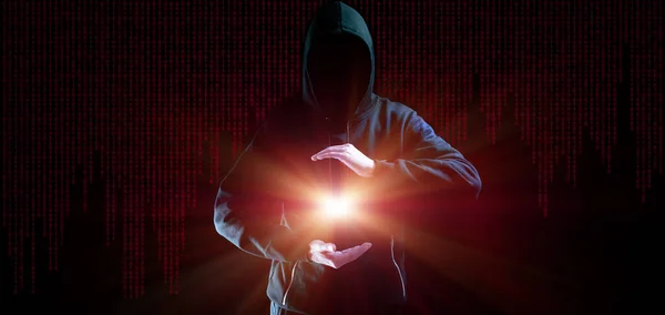 Ataque Cibernético Segurança Hacker Mão Homem Isolado Preto Blurred Internet — Fotografia de Stock