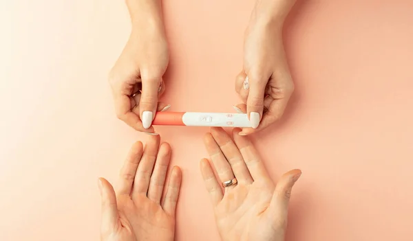 Pregnancy Test Result Positive Woman Pregnant Test Hands Pink Silk — Stock Photo, Image
