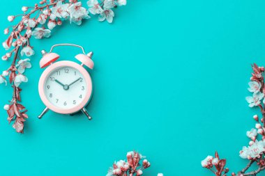 Bahar zamanı çiçekler açar ve mavi alarmlı çiçekler açar. Sancak olarak, arka planda çiçek açan kiraz dalları. Rüya gibi romantik bir görüntü, manzara manzarası, kopyalama alanı