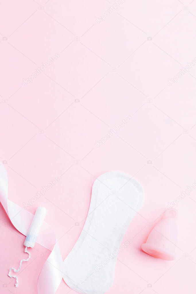 Menstrual cup, tampon, woman cup for sanitary protection. Pink ribbon with menstrual cup. Menstruation feminine period. Zero waste concept, ecofriendly lifestyle, reduced banner consumption