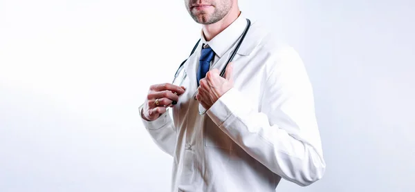 Arzt Krankenhaus Hintergrund Glückliche Krankenschwester Krankenhausuniform Blaue Handschuhe Die Das — Stockfoto