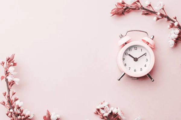 Πρωταπριλιά Άνοιξη Ανθίσει Και Μπορεί Λουλούδια Ξυπνητήρι Ροζ Για Λάβαρο — Φωτογραφία Αρχείου