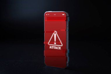 Siber güvenlik korsanı akıllı telefon. İnternet hackleme teknolojisi. Siyah pankartta izole edilmiş dijital cep telefonu. Veri koruması, güvenli internet erişimi, siber güvenlik