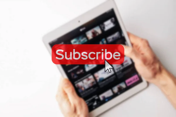 Subscription Plan Red Online Video Subscribe Button Internet Service Laptop — Stock Photo, Image