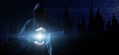 Siber güvenlik korsanı konsepti. İnternet hackleme teknolojisi. Bulanık Hacker 'ın eli parlak ışık efektiyle siyaha izole edildi. Veri koruması, güvenli internet erişimi, siber güvenlik