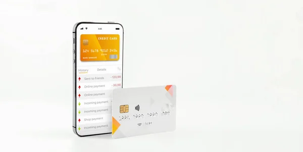 Mobil Bankhálózat Okostelefon Internetes Banki Alkalmazással Bankkártya Fehér Háttérrel Pénztárca — Stock Fotó