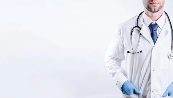 Arzt Krankenhaus Hintergrund Glückliche Krankenschwester Krankenhausuniform Blaue Handschuhe Die Das — Stockfoto