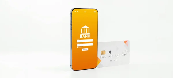 E-Banking-Konzept. Handy mit Internet-Online-Bank-App. Kreditkarte auf weißem Hintergrund. Online-Brieftasche spart Geld. — Stockfoto