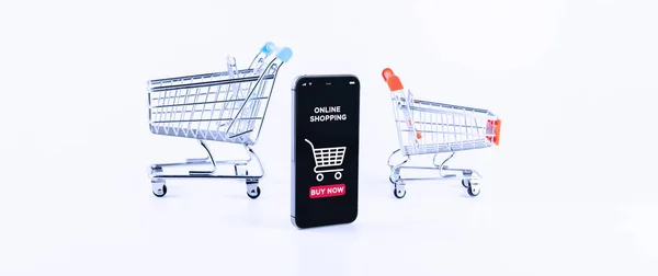 Compras Web Smartphone Digital Con Aplicación Tienda Línea Carrito Compras — Foto de Stock