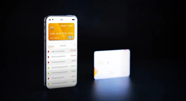 Online Zahlung Smartphone Mit Internet Online Bankanwendung Debitkarte Auf Schwarzem — Stockfoto