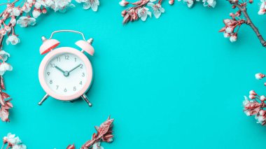 Bahar arkaplanı mayıs çiçekleri ve Nisan çiçekleri mavi alarmlı saat. Yumuşak odaklı, çiçek açan kayısı makrosu dalları. Paskalya ve bahar tebrik kartları için. İlkbahar