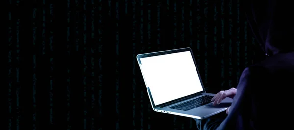 Ataque Cibernético Segurança Laptop Digital Mão Homem Hacker Isolado Preto — Fotografia de Stock
