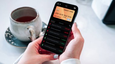 Mobil bankacılık ağı. İnternet banka başvurusu olan akıllı bir telefon. Banka kartı cüzdanı uygulaması. Para cüzdanını kaydet