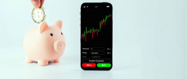 Bitcoin cüzdanı. Altın kripto para birimi BTC bitcoin, pembe kumbara. Beyaz arka planda şifreli döviz alım satımı cep telefonu uygulaması. Sanal para kavramını kaydet