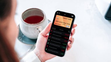 Mobil bankacılık uygulaması. İnternet banka uygulamalı cep telefonu olan bir kız. Kredi kartı cüzdanı başvurusu. Para biriktir iş cüzdanı