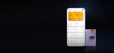 Çevrimiçi ödeme. İnternet banka uygulamalı cep telefonu. Siyah arka planda kredi kartı. Çevrimiçi cüzdan tasarruf