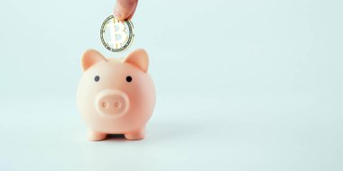 Para biriktir bitcoin işi. Beyaz arka planda altın sikke BTC ile pembe domuz kumbarası. Kripto para birimi sanal para kavramını kaydet