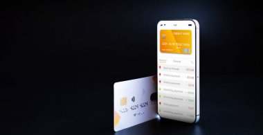 Çevrimiçi ödeme. İnternet banka uygulamalı cep telefonu. Siyah arka planda kredi kartı. Çevrimiçi cüzdan tasarruf