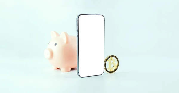 Crypto Mockup Teléfono Moneda Hucha Con Bitcoin Btc Pantalla Blanco — Foto de Stock