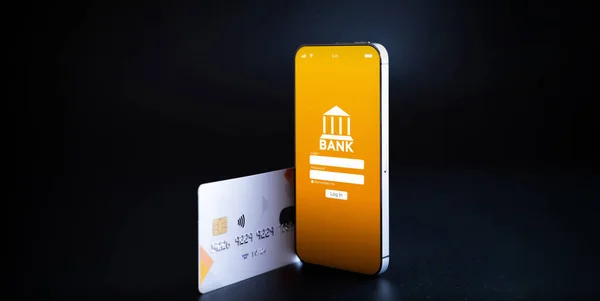 Mobile Banking Smartphone Mit Internet Online Bankanwendung Debitkarte Auf Schwarzem — Stockfoto