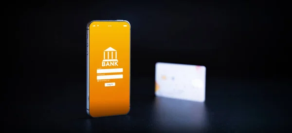 Online Zahlung Smartphone Mit Internet Online Bankanwendung Debitkarte Auf Schwarzem — Stockfoto