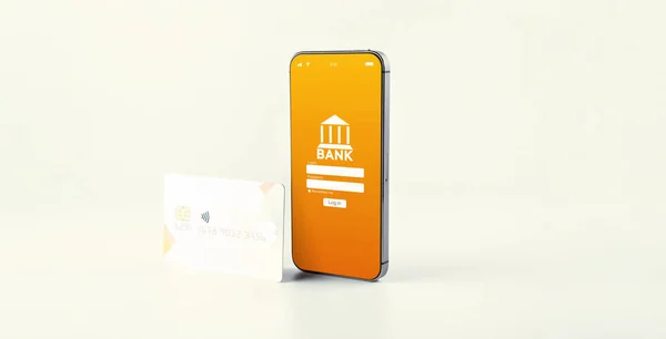 Mobile banking. Smartphone mit Internet-Online-Bankanwendung. Debitkarte auf weißem Hintergrund. Sparen Sie Geld Geschäftskonzept. — Stockfoto