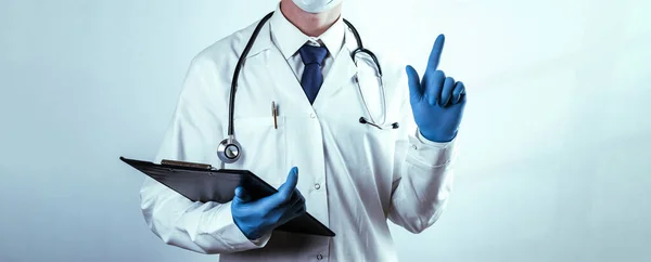 Médico Gesto Manos Fondo Médico Enfermera Feliz Con Guantes Azules —  Fotos de Stock