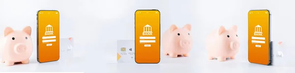 Mobile Banking Network Smartphone Set Internet Online Bank Application Piggy — ストック写真