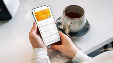 Mobil bankacılık uygulaması. İnternet banka uygulamalı cep telefonu olan bir kız. Kredi kartı cüzdanı başvurusu. Para biriktir iş cüzdanı