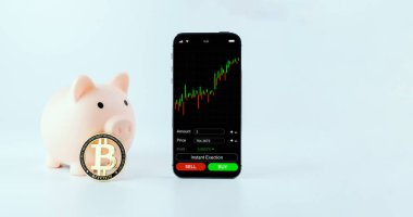 Bitcoin ticareti. Bitcoin cep telefonu uygulaması değiş tokuşu. Altın kripto para birimi BTC bitcoin, beyaz arka planda pembe domuz bankası. Tasarruf ve finansal konsept bankası