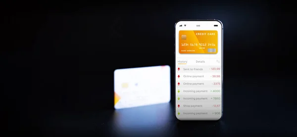 Mobiles Banknetz Smartphone Mit Internet Online Bankanwendung Debitkarte Auf Schwarzem — Stockfoto