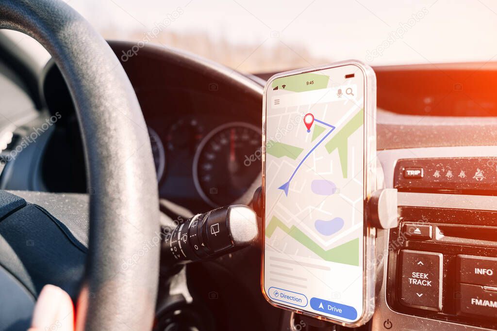 Gps navigator map system. Global positioning system on smartphone screen in auto car on travel road. GPS car search location technology