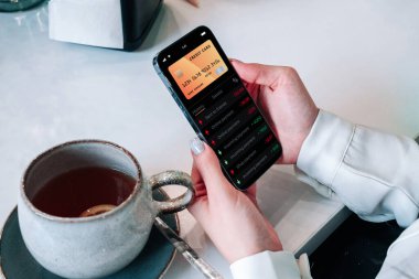 Mobil bankacılık ağı. İnternet banka başvurusu olan akıllı bir telefon. Banka kartı cüzdanı uygulaması. Para cüzdanını kaydet