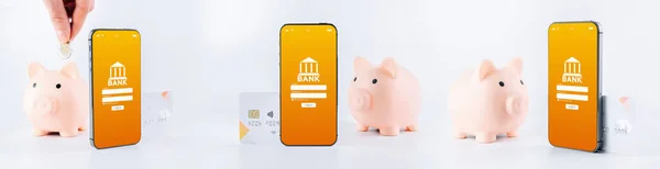 Mobiles Banknetz Smartphone Set Mit Internet Online Bankanwendung Sparschwein Mit — Stockfoto