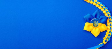 Mavi sarı arka plan. Mavi üzerine izole edilmiş Ukrayna çiçek mızrağı sembolü. Ukrayna Konseptini Sev