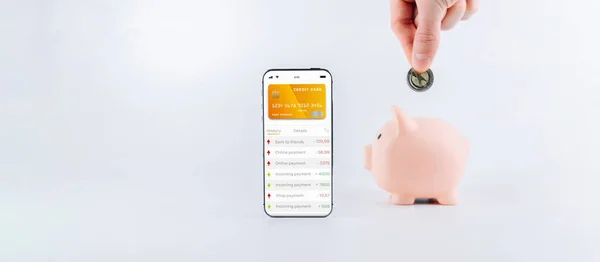 Mobile banking. Smartphone with internet online bank application. Piggy bank with usd money cash on white background. Save money business concept