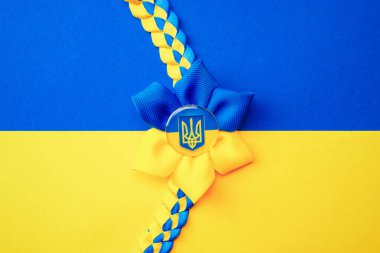 Mavi sarı arka plan. Sarı mavi bayrağa izole edilmiş Ukrayna çiçek mızrağı sembolü. Ukrayna Konseptini Sev