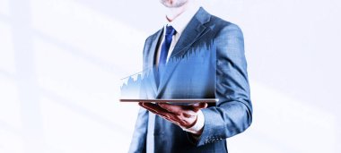 İş analizi grafiği. İş adamı tableti analizi beyaz arka planda finansal piyasa başarısı. İş analizi, ticaret kavramı