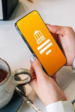E bankacılık konsepti. İnternet banka uygulamalı cep telefonu olan bir kız. Kredi kartı cüzdanı başvurusu. Çevrimiçi cüzdan tasarruf.