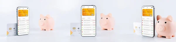 Mobile banking network collection. Smartphone with internet online bank application. Piggy bank with debit card on white background. Save currency money wallet set.