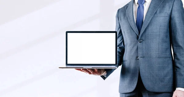 Man Laptop Screen Mockup Businessman Holding Notebook Empty Blank Mockup — Stock Photo, Image