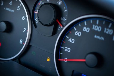 Fuel car gauge empty. Petrol tank meter car indicator on dashboard. Low gasoline level. Empty fuel gas gauge